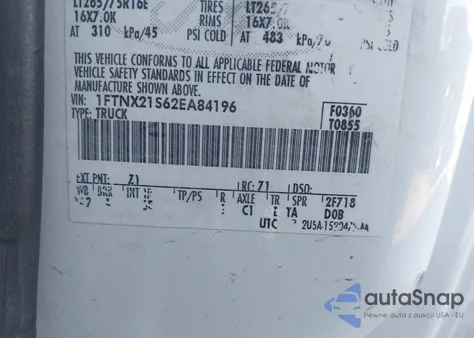 2002 Ford F-250 Lariat/Xl/Xlt from USA, damaged, VIN 1FTNX21S62EA84196